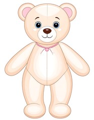 Fototapeta premium A cute, illustrated teddy bear with light fur, big eyes, and a pink heart-shaped necklace