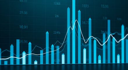 Blue Bar Chart with White Trend Lines on Dark Grid Background