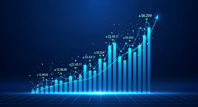 Glowing Blue Bar Chart with Upward Trend and Data Labels - Powered by Adobe