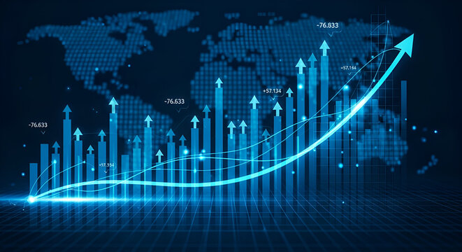Glowing Blue Financial Bar Chart with Upward Arrow and World Map