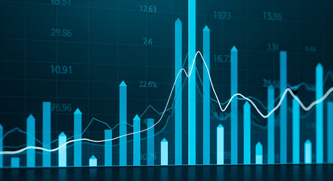 Blue Bar Chart with White Trend Lines on Dark Grid Background - Powered by Adobe