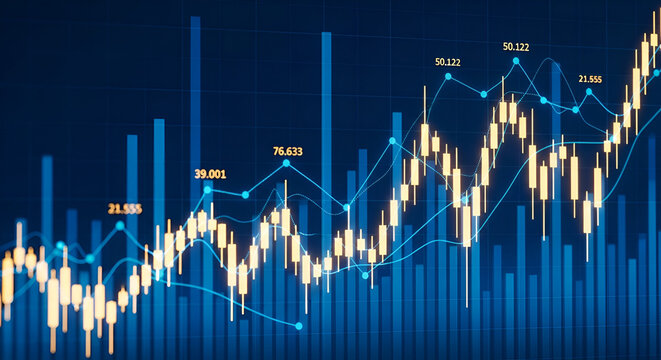 Detailed Stock Market Candlestick Chart with Blue and Yellow Lines