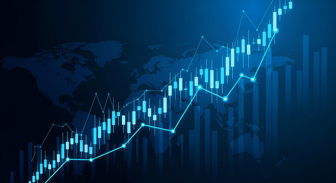 Dynamic Stock Market Growth Chart with Candlesticks and Global Map