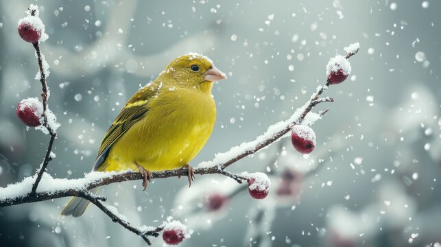 A yellow bird perched on a branch with red berries in the snow.