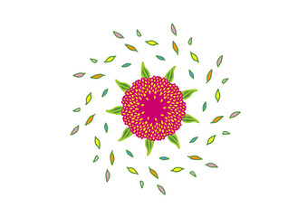 round pink flower with circle of leaves on white background, Symmetrical stylized flower with red and yellow petal center and radiating green leaves&mdash;bold, geometric, and vividly colored