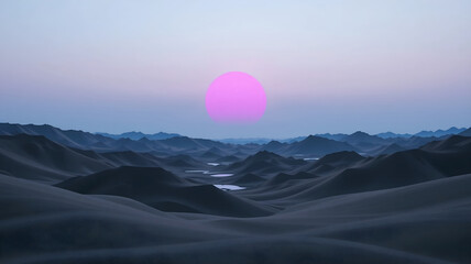 Surreal Pink Sun Setting Over Dark Blue Desert Dunes with Small Reflective Oasis, Perfect for Fantasy Sci-Fi Movie Posters and Artistic Concepts