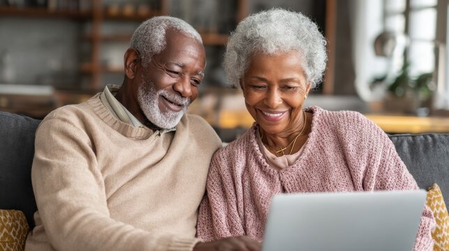 An elderly couple sits closely on a couch, smiling and enjoying each other's company while looking at a laptop. Sunlight fills the cozy living room, enhancing their joyful expressions.