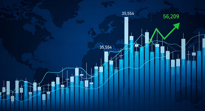Stock Market Bar Chart with Upward Trend and World Map - Powered by Adobe