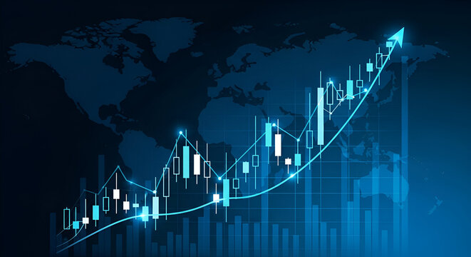 Upward Stock Market Trend with Candlestick Chart and World Map Background