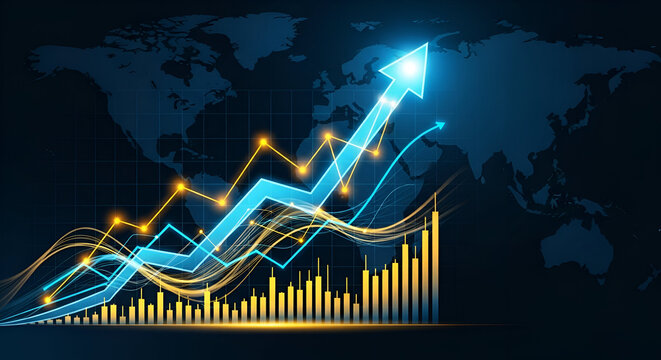 Upward Trend Arrow and Financial Charts on World Map Background