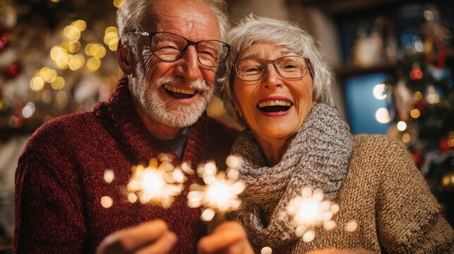 A cheerful older couple smiles brightly while holding sparklers, surrounded by warm lights and festive decorations. They enjoy a cozy indoor celebration during winter. - Powered by Adobe