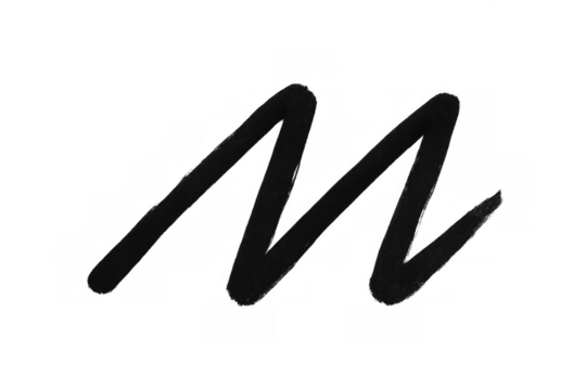 Black marker drawing a zigzag squiggle line resembling letter m, hand drawn abstract design element on transparent background