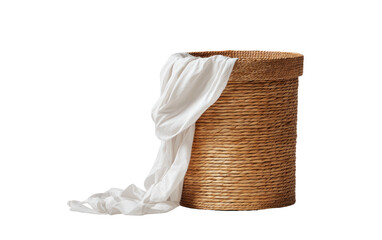 Woven laundry basket with draped white cloth