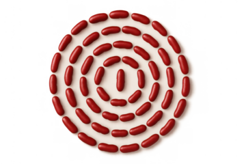 Red kidney bean spiral pattern on a round surface, healthy food ingredients forming an abstract vegetarian design
