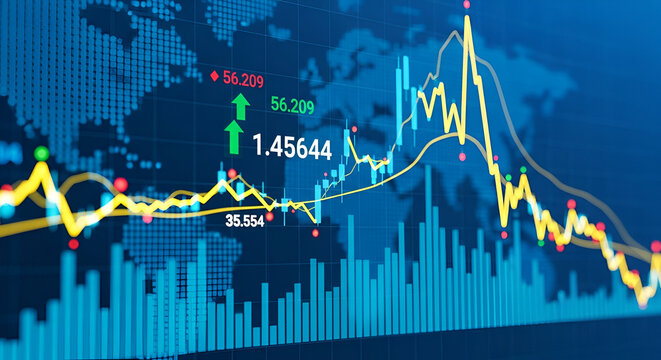 World Map and Financial Data with Upward Trend stock market - Powered by Adobe