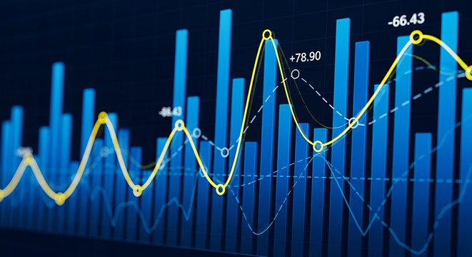 Yellow and Blue Financial Data Bar Chart with Fluctuating Lines Keywords: financial data, bar
