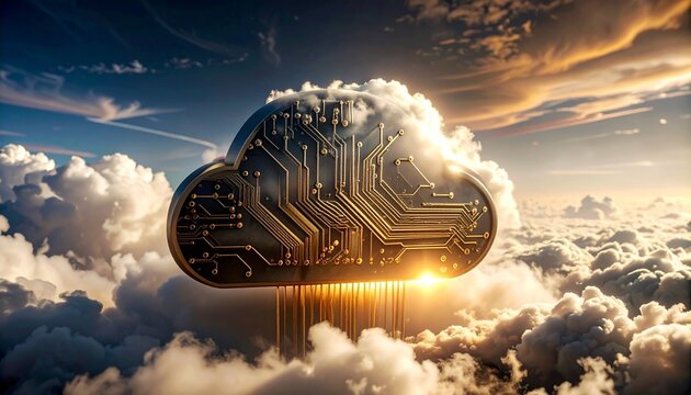 Glowing digital cloud with embedded circuitry and nodes, floating above dramatic sky—symbolizing cloud computing and data flow.