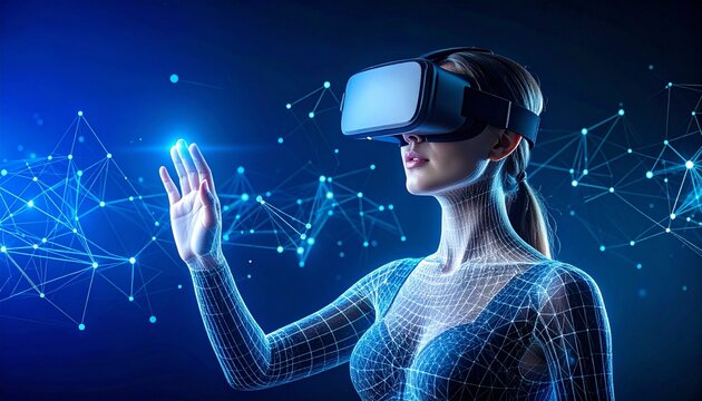 Person wearing VR headset immersed in digital network of glowing nodes and lines on dark background. - Powered by Adobe