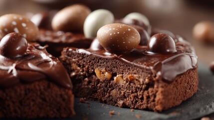 A rich chocolate cake is sliced to reveal a nutty filling. The top is adorned with glossy icing and colorful candy eggs, making it an appealing dessert for holidays or special occasions.
