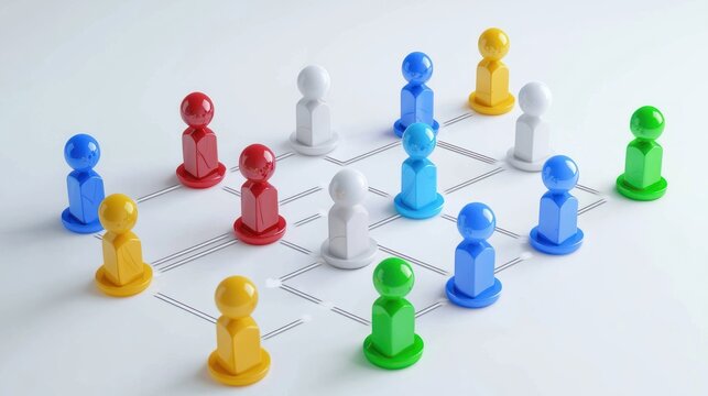 A group of colorful figurines arranged in a grid-like pattern on a white background.