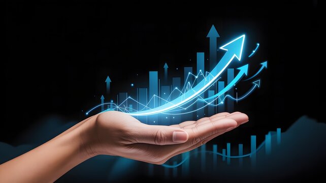 Hand holding glowing blue arrows and abstract futuristic financial charts symbolizing growth and success