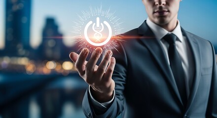 Man in suit holding dna power symbol with city skyline backdrop