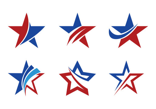 Collection of six modern abstract star logos in red blue and white with dynamic swoosh elements