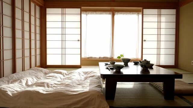Traditional Japanese Ryokan Room with Futon Bed and Shoji Screens.