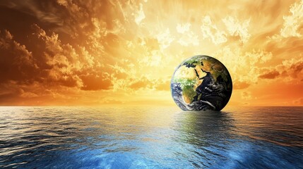 A globe floating in the ocean with a dramatic sunset sky in the background.