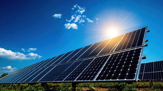 A solar panel array in a field with the sun shining brightly.