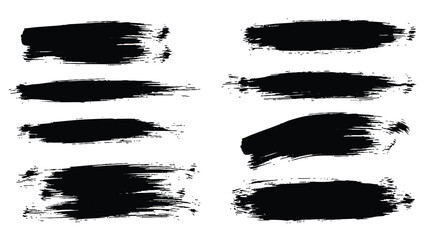 Black grunge vector brush stroke set with bold dry paint smears and textured banners, isolated on white for modern graphic design.