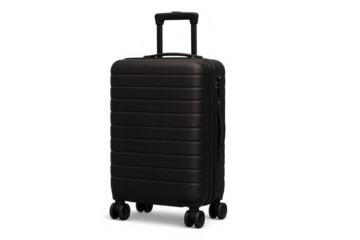 Black carry-on luggage with retractable handle and spinning wheels, representing travel, business trips, and vacation