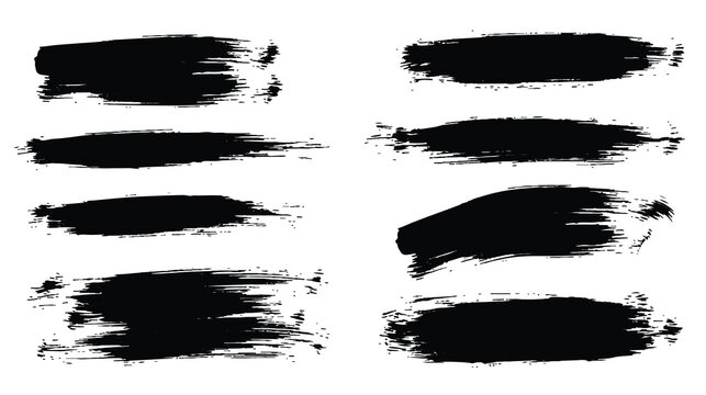 Black grunge vector brush stroke set with bold dry paint smears and textured banners, isolated on white for modern graphic design.