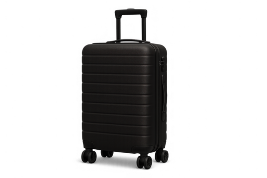 Black carry-on luggage with retractable handle and spinning wheels, representing travel, business trips, and vacation