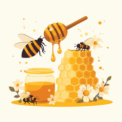 Illustration of honey and bees, featuring a honey dipper dripping honey, a jar of honey with a bee, and stacked honeycombs with flowers   , vector style simple color