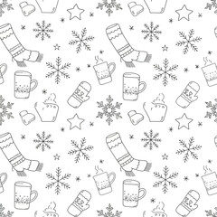 Hand-drawn seamless winter pattern with cozy socks, hot mugs, mittens, and snowflakes.