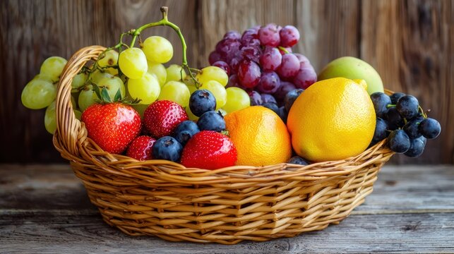 A wicker basket filled with a variety of fresh fruits and vegetables, including strawberries, blueberries, grapes, and oranges, placed on a rustic wooden table with a weathered wooden background.