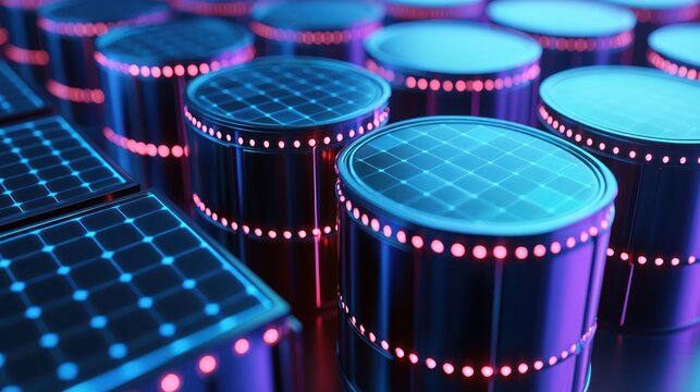 A group of black and silver servers with glowing red lights, arranged in a grid pattern.