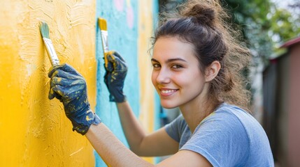 A young woman painting a colorful wall with a smile on her face.