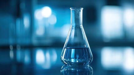 A blue laboratory flask with a clear liquid inside, placed on a reflective surface in a dimly lit laboratory.