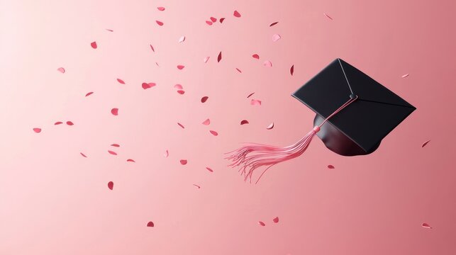 A graduation cap with pink confetti against a pink background.