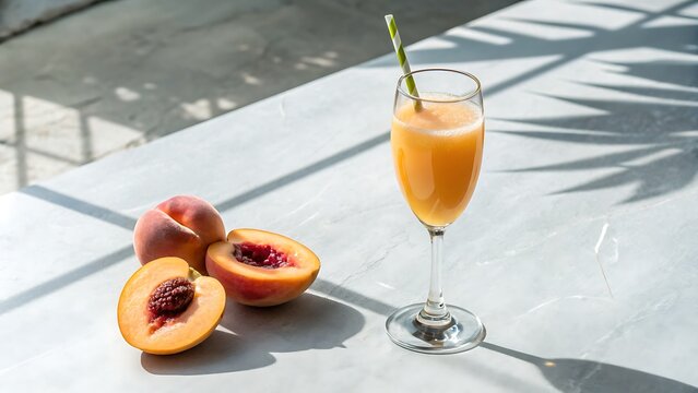 Refreshing peach bellini cocktail served in a flute glass with fresh peaches on a marble table, illuminated by natural sunlight creating a vibrant and inviting scene