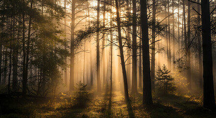 Naklejka premium Misty Forest Sunlight Rays Filtering Through Trees in Nature
