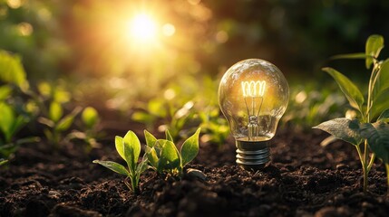 A light bulb emitting a golden glow in a lush green garden with sunlight shining through the leaves.