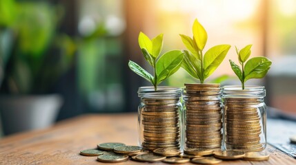 Three green plants growing in a glass jar with coins on a wooden table.