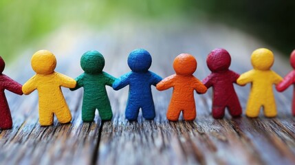 A group of colorful wooden dolls holding hands in a row on a wooden table with a blurred green background.