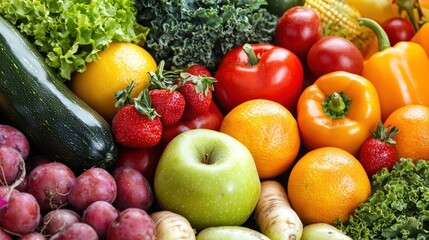 A colorful assortment of fresh fruits and vegetables, including strawberries, apples, oranges, and bell peppers, arranged on a table with a green leafy vegetable in the background.