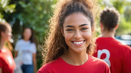 A young woman with curly hair smiling in a red shirt, standing outdoors with a group of people in the background.