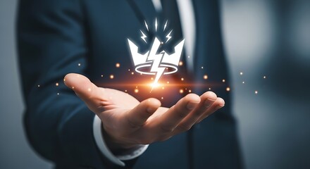 A hand holding a crown with a lightning bolt in a dark suit coat