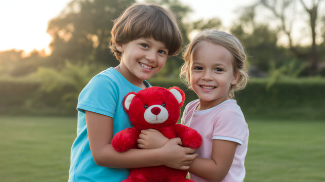 Two happy children holding a large red teddy bear outdoors